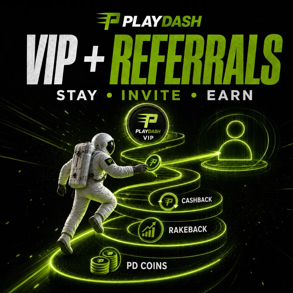 PlayDash VIP progression and referral rewards with cashback, rakeback and PD Coins